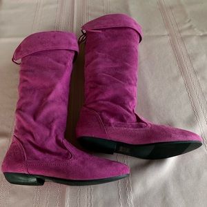 NWOT Deep Pink Size 6 1/2 Faux Suede Boots. All Man Made Fabric. Flat Heel.